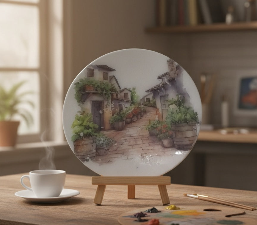 Decorative Round Plate with Rustic Village Scene, Wooden Display Stand, Handcrafted