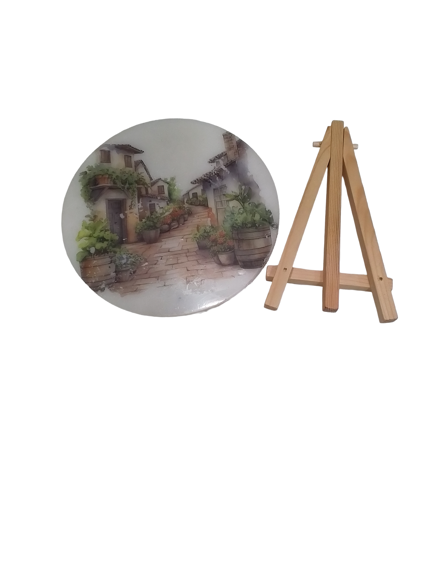 Decorative Round Plate with Rustic Village Scene, Wooden Display Stand, Handcrafted