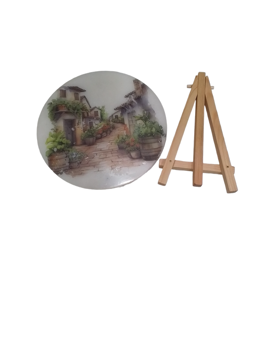 Decorative Round Plate with Rustic Village Scene, Wooden Display Stand, Handcrafted