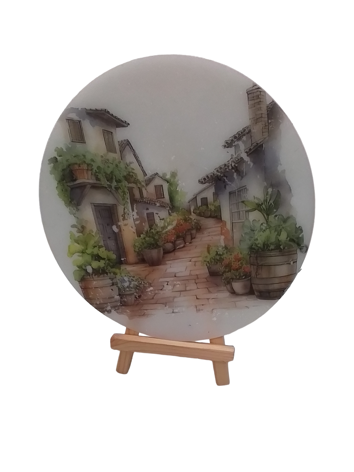 Decorative Round Plate with Rustic Village Scene, Wooden Display Stand, Handcrafted